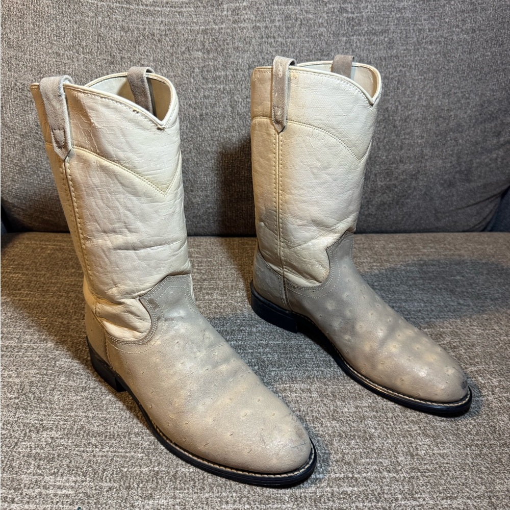 ACME Vibtage Two-Tone Leather Western Boots in Cream and Light Gray  Size 7.5M
